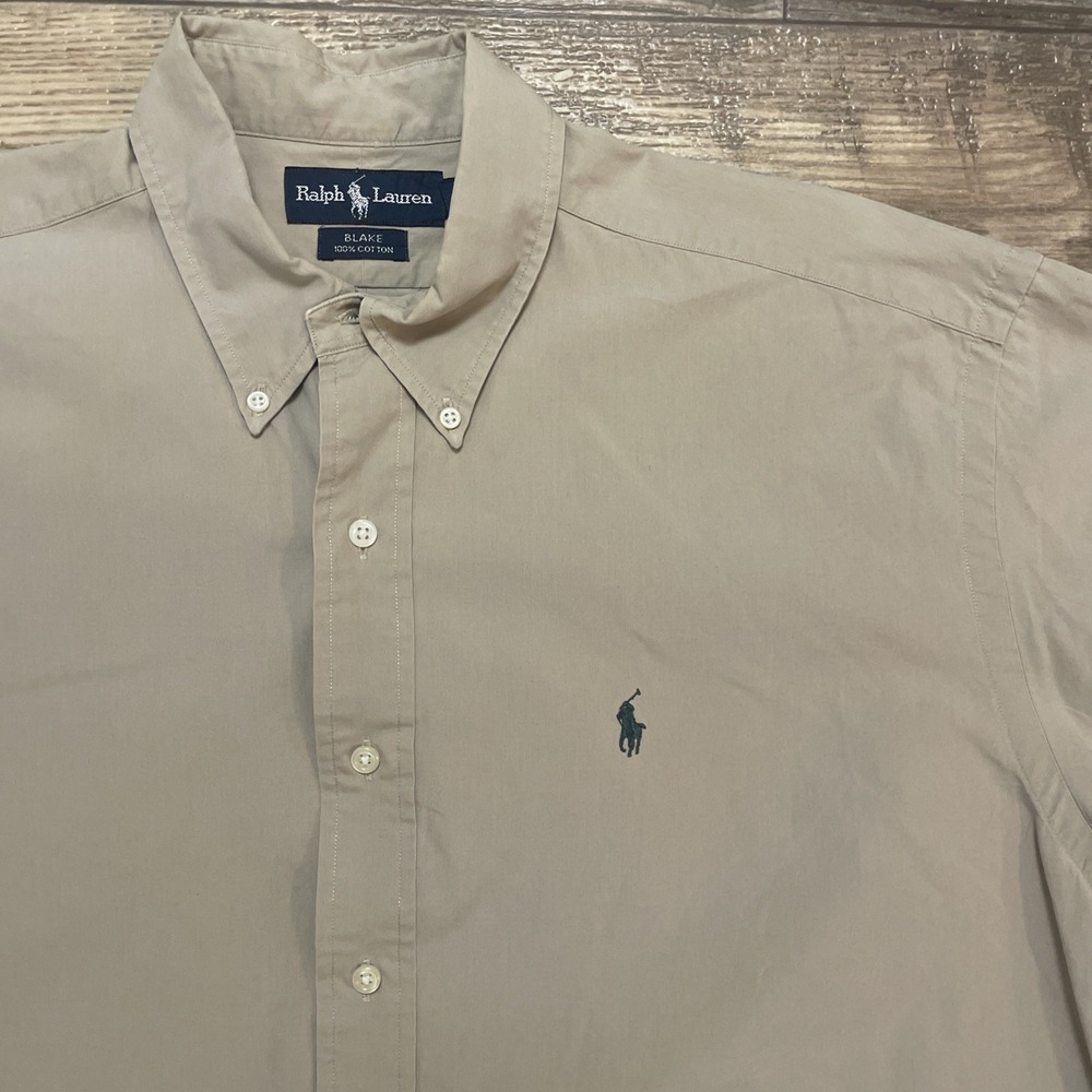 Ralph Lauren Blake Mens‎ Large Button Down Short Sleeve Shirt Tan Casual Logo